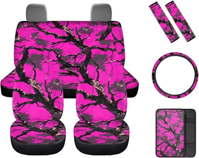 8 Pcs Pink Branches Prints Car Interior Accessories Set for Women, Car Seat Covers Full Set with Auto Steering Wheel Cover Auto Center Console Pad Seat Belt Covers