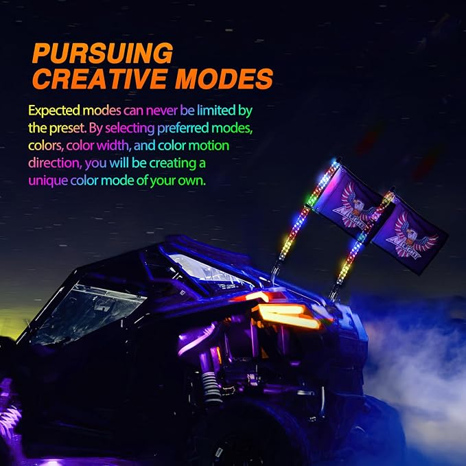 Nilight 2PCS 2FT RGB LED Whip Light with Extra Stop Turn Reverse Lights, Remote & App Control, DIY Chasing Patterns, Safety Antenna Lighted Whips for ATV UTV Polaris RZR Can-am