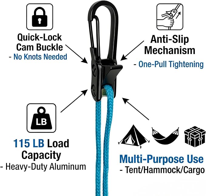 6 Pack Rope with Roller Tensioner for Easy and Secure Tying,2026 New Heavy Duty Retractable Buckle Rope with Accessory Cord for Camping Boating Home Storage Outdoor Use