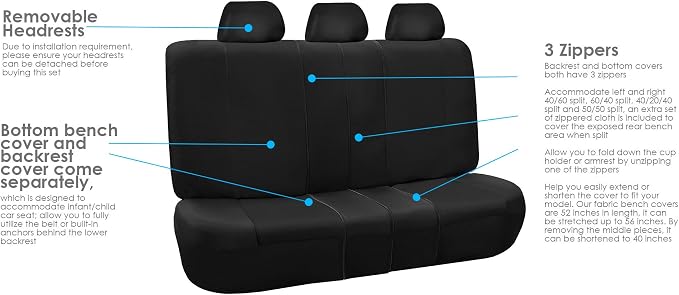 FH Group FB065115 + F11306 Classic Khaki Seat Covers (Black) Full Set – Universal Fit for Cars Trucks & SUVs