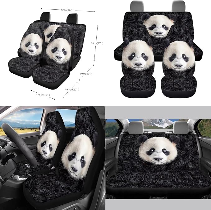 Panda Pattern Auto Accessories Set of 10, Front and Back Seat Covers for Car Steering Wheel Cover Cup Coasters Air Vent Pounch Bag Lanyard Keychain Car Trash Bin for Women Men