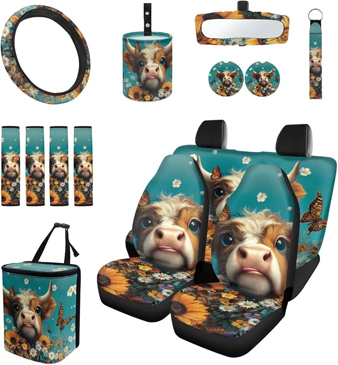 15 Pcs Floral Butterfly Cattle Auto Interior Accessories Car Seat Covers with Auto Steering Wheel Cover Seat Belt Covers Car Trash Can View Mirror Cover Coaster Keychains