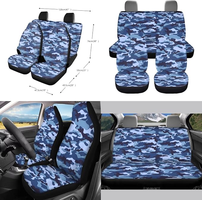Blue Camo Pattern Auto Accessories Set of 10, Front and Rear Seat Covers Full Set, Steering Wheel Cover, Air Vent Storage Bag, Keychain, Car Trash Can, Cup Holders Car Interior Decor