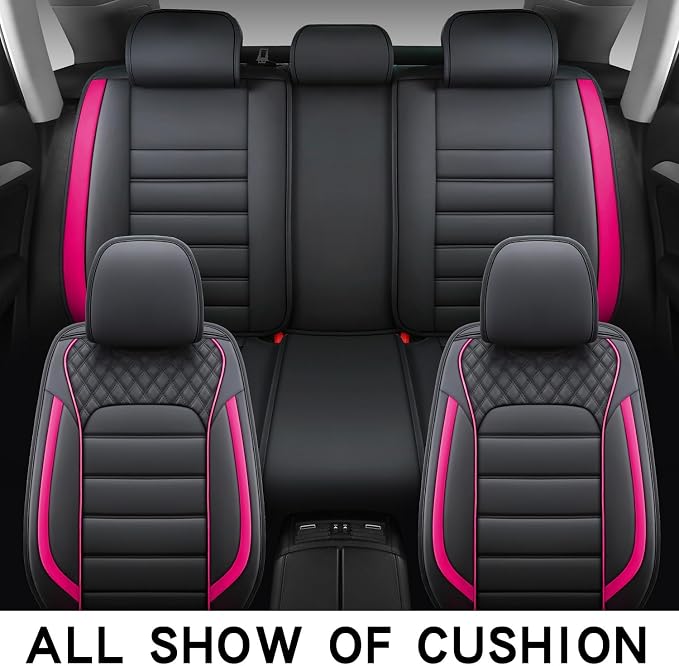 Quiln-03 Leather Seat Cover 5 Seat Full, Universal Suitable for Most Cars, SUVs, Pickup Trucks, Airbag Compatible Car Seat Cushion Covers (Black&Rose)