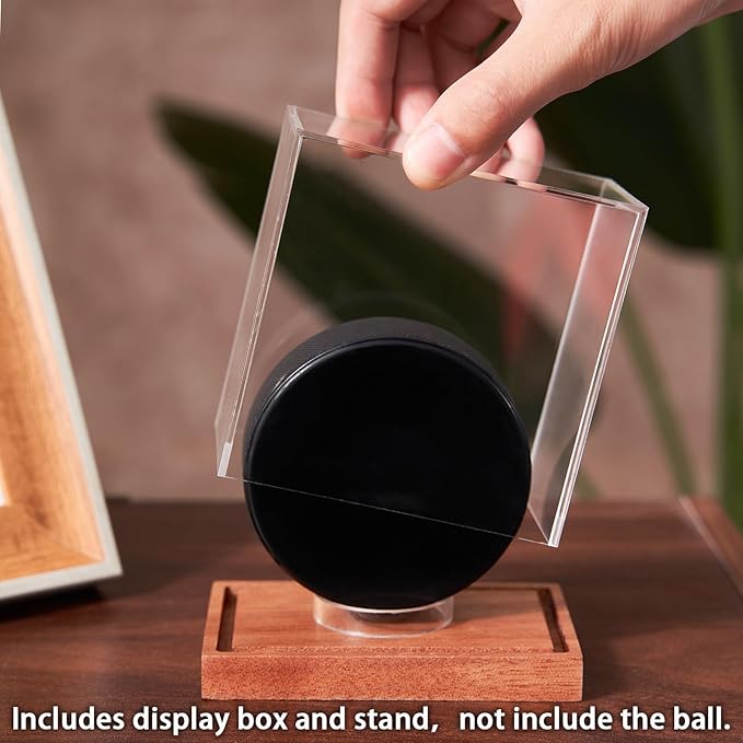 LITY Hockey Puck Display Case, No Assembly Required Acrylic Clear Holder with Wood Base, Autograph Souvenir Display Stand, Perfect Showcase for Your Collection