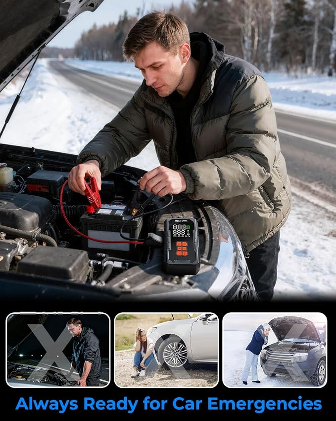 Jump Starter with Air Compressor, 12V Car Battery Jumper Starter Portable for 8.0L Gas/6.0L Diesel, Car Battery Charger Jump Box with 160PSI Auto-Shutoff Tire Inflator and Storage Case, Black