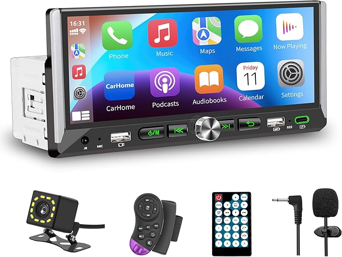 Single Din Car Stereo with Wireless Apple Carplay Android Auto, Car Stereo with 6.9'' Touchscreen Radio,Car Bluetooth Radio,Type-C/Dual USB with Backup Camera,Car MP5