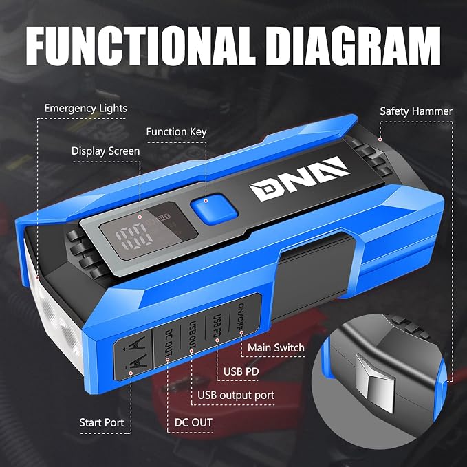 DNA Motoring 12V 2000A Peak Multi-Function Portable Car Battery Jump Starter for Up to 8.0L Gas / 6.3L Diesel Engine, with Carry Case,Blue/Black, TOOLS-00277