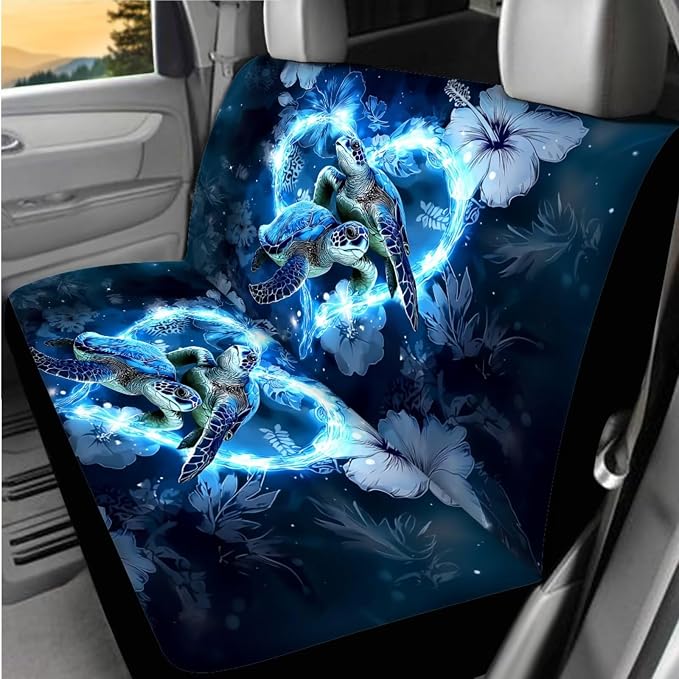 Sea Turtle Love Heart Design Car Interior Accessories Set for Women, Car Seat Cover Full Set with Steering Wheel Cover, Center Console Pad, Seat Belt Pads, Universal Fit Cars SUVs Trucks