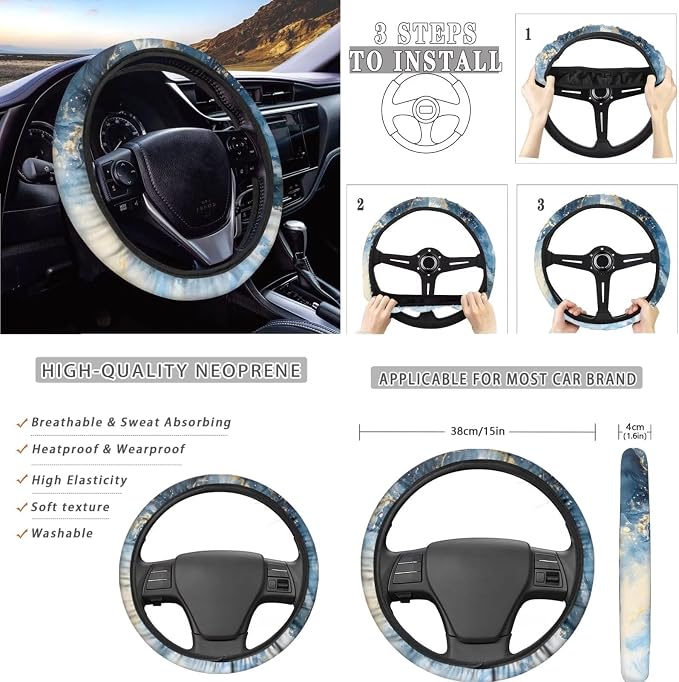 AFPANQZ Blue Marble Car Seat Covers Full Set 13 Packs Steering Wheel Cover + Safety Seat Belt Pads + Car Cup Holder Coaster + Handrake Cover + Gear Shift Knob Cushion for Men Women