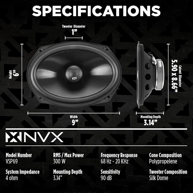 NVX VSP69 900W Peak (300W RMS) 6x9 V-Series 2-Way Coaxial Speakers with 25mm Silk Dome Tweeters