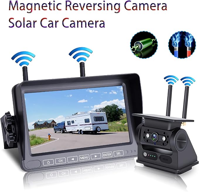Magnetic RV Backup Camera 1080p HD 7-inch Install-Free Trailer Hitch Solar Wireless Back up Camera 10000mah Battery,Night Vision Trucks,RVs, Trailers, Vans Tow (Magnetic Camera with7‘’ Monitor)