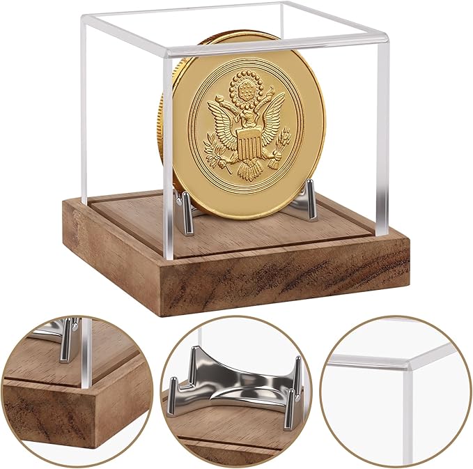 Clear Acrylic Coin Display Case with Wood Base & Alloy Holder, Memorabilia Stand Cube Holder, Dust Protection Transparent Storage Box for Single Challenge Coin Souvenir Coin Collections