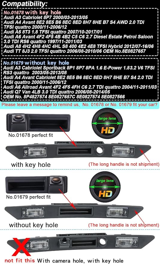 1280 * 720 Pixels 1000 TV Lines Night Vision Rear View Reversing Camera Car Backup Camera Replacement for Audi A3 Cabriolet Sportback 8P1 8P7 8PA A4 Avant Cabriolet B6 B7 S4 A6 Allroad Avant C6 Q7