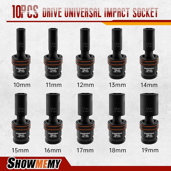 Drive Impact Universal Joint Socket Set, 6 Points, Deep Swivel Socket Set, Cr-Mo Steel. Heavy Duty Storage Case (Metric 3/8(Deep 10Pcs)