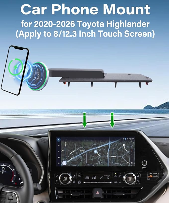 Car Phone Holder for 2020-2026 Toyota Highlander Accessories 15W Fast Wireless Charger Magnetic Cell Phone Mount Hands-Free 360 Degree Rotation, Dashboard Original-Size Replacement Model