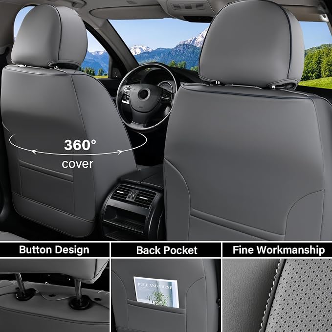 Coverado Car Seat Covers Full Set, Luxury Leather Car Seat Cover, Front and Back Seat Covers for Cars, Waterproof Car Seat Protector, Automotive Seat Covers Universal Fit Most Cars(Gray)