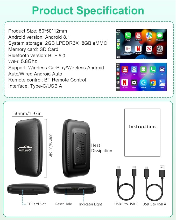 2025 New 4-in-1 Wireless CarPlay Adapter Support Netflix/YouTube/TF, Android Auto & Carplay Adapter with USB-A and USB-C Cables,Convert Wired to Wireless Apple Dongle, Video Box Car Play for iOS 10+