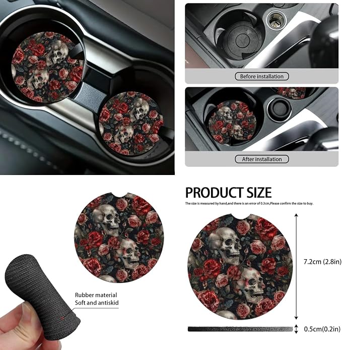 Rose Skull Car Seat Covers Full Set for Women Floral Car Accessories Steering Wheel Cover Seatbelt Pad Coasters Trash Can Car Headrest Pillow Covers Armrest Pad
