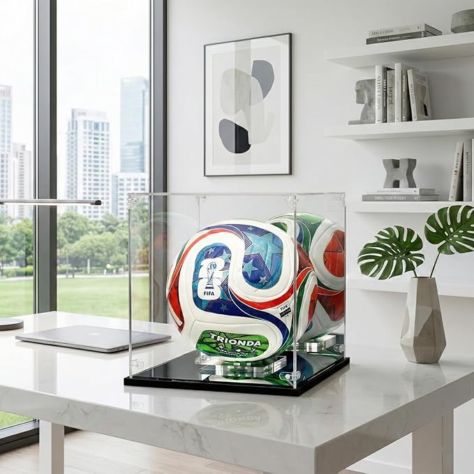 Acrylic Soccer Ball Display Case - Mirror Back & Base, UV Protection Dustproof Box for Autographed Size 5 Soccer Ball - Heavy Duty Memorabilia Cube Holder with Removable Stand (10.5" x 10.5" x 10.8")