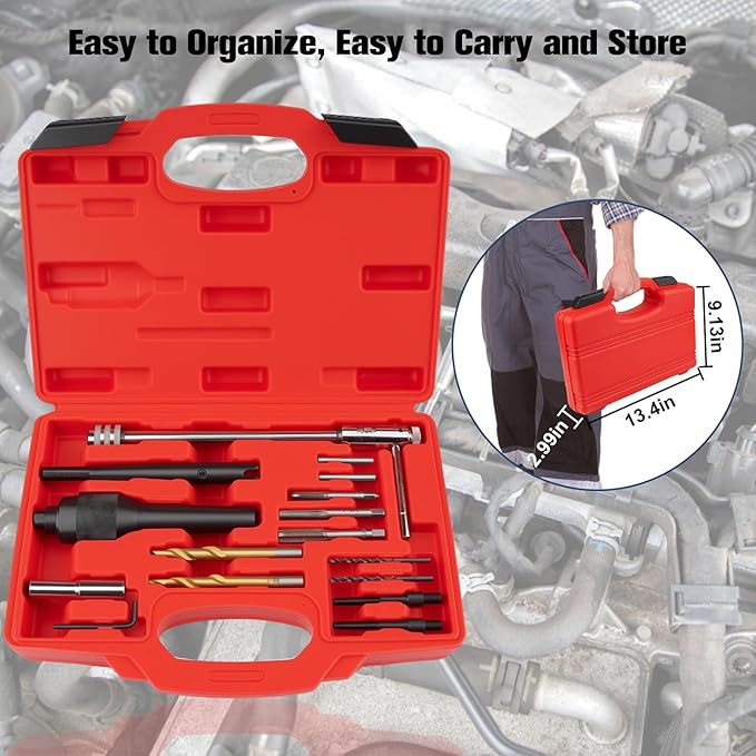 16PCS Glow Plug Removal Tool Kit, Professional Broken and Damaged Glow Plug Remover, Extractor Set with Complete Accessories for Cylinder Heads 0.3” 0.4”