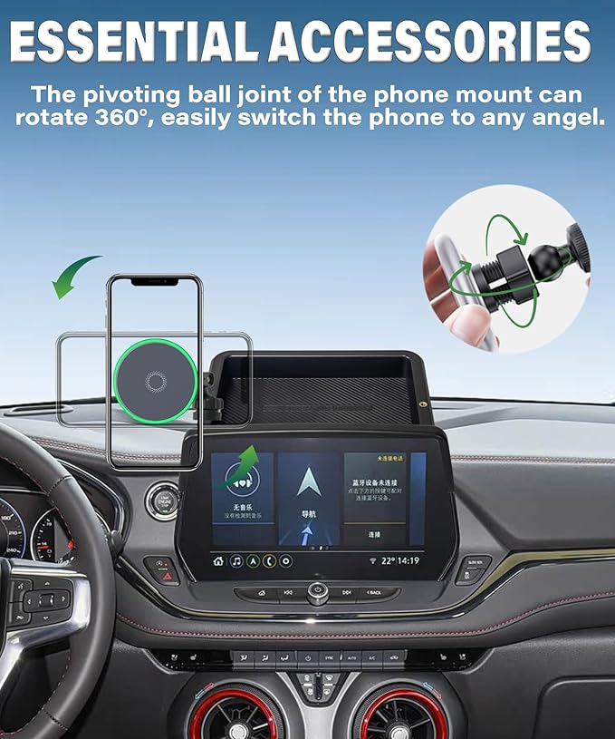 Car Phone Holder for Chevrolet Blazer 2023 2024 2025 2026 Accessories 10.2 Inch Touch Screen Fixed Clip 15W Fast Wireless Charger Cell Phone Mount with Dashboard Storage Tray