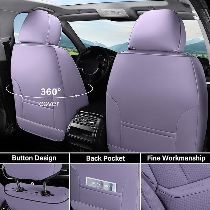 Coverado Universal Seat Covers Full Set, Universal Seat Covers for Cars, 5 Seats Waterproof NAPPA Leather Car Seat Covers with Head Pillow, Auto Protectors Fit for Most Sedans SUV Pick-up Truck-Purple