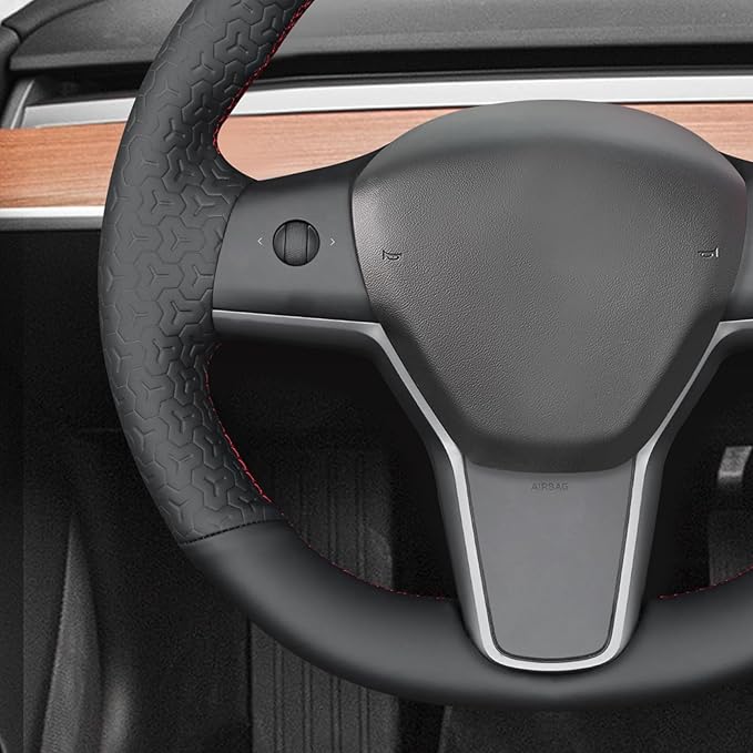 MEWANT Hand Stitch Black Geometric Embossed Faux Leather Steering Wheel Cover for Tesla Model Y 2023 Model 3 2017-2023