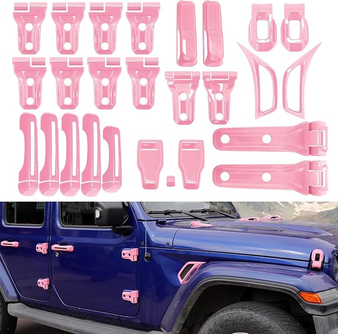Barong for Jeep Wrangler JL JLU 2018-2025 Accessories Exterior Decoration Door Hinge Handle Engine Hood Hinge Hood Latch Wheel Eyebrow Side Air Outlet Rear Window Hinge Cover 26PCS Full Set (Pink)