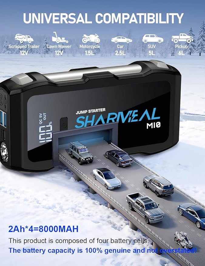 Jump Starter 5000A, 12V Car Battery Jump Starter with USB Quick Charge (Up to 10.0L Gas or 9.0L Diesel Engine), Battery Booster with 3 Modes Flashlight and Jumper Cable