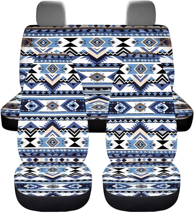 Dreaweet Southwestern Car Seat Covers Full Set Blue Ethnic Aztec Geometric Tribal Native Car Steering Wheel Cover/Center Console Cover/Seatbelt Covers/Cup Coasters/Gear Shift Cover and Handbrake Cover