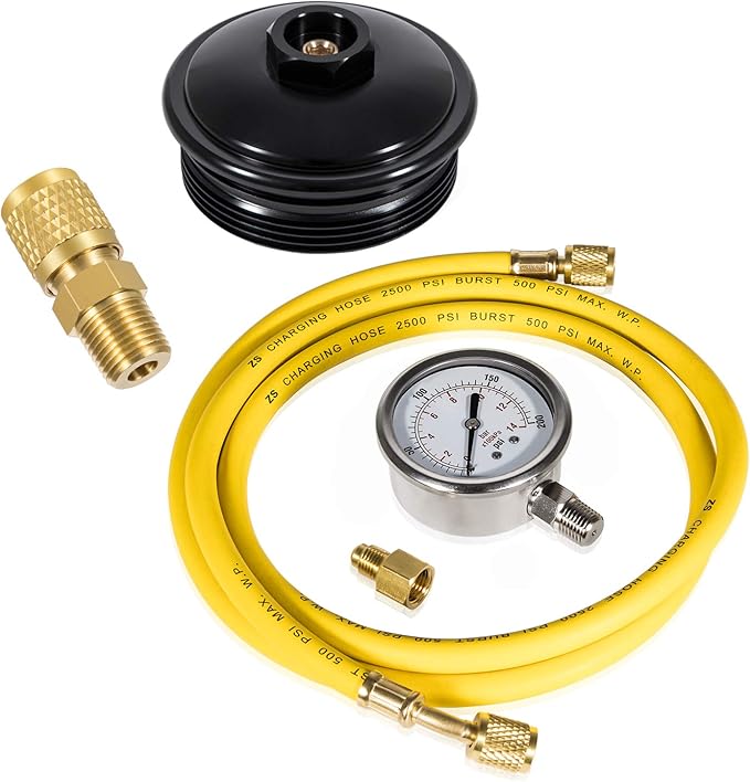 E-cowlboy Fuel Pressure Test Kit with Billet Aluminum Fuel Filter Cap and Pressure Test Port fit for Ford 2003-2007 6.0L fit for Powerstroke Diesel F-Series（F250 F350 F450 F550） E-Series