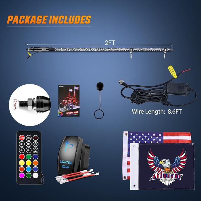 Nilight 1PC 2FT Spiral RGB Led Whip Light w/RGB Chasing/Dancing Lights RF Remote Control Lighted Antenna Whips for Can-am ATV UTV RZR Polaris Dune Buggy 4-Wheeler Offroad Truck