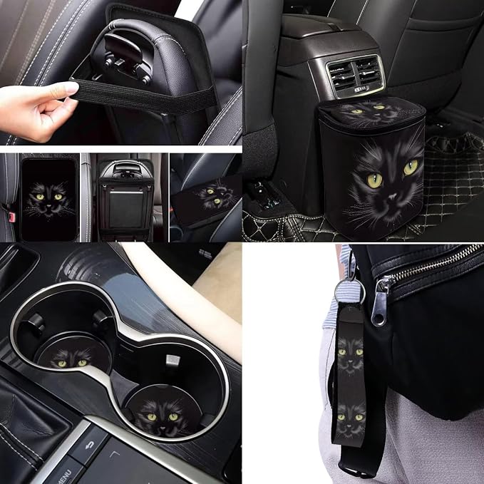 17Pcs Black Cat Car Seat Covers Full Set with Front and Split Rear Bench,Cool Cat Car Interior Accessories of 17 Pcs with Headrest Covers,Vehicle Trash Bag for Women Universal Fit Most Car