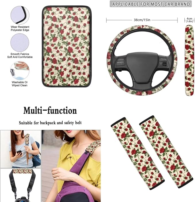 Mumeson Red Flowers Car Seat Covers Full Set with Steering Wheel Cover + Safety Seat Belt Pads + Armrest Cushion Pad Set Auto Accessories for Womens Mens Universal Fit
