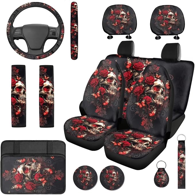 Bulopur Floral Skull Red Rose Car Seat Covers Full Set with Vehicle Armrest Cushion Easy Install Auto Seat Belt Shoulder Strap Covers 15 Inch Steering Wheel Cover Coasters Car Interior Accessories