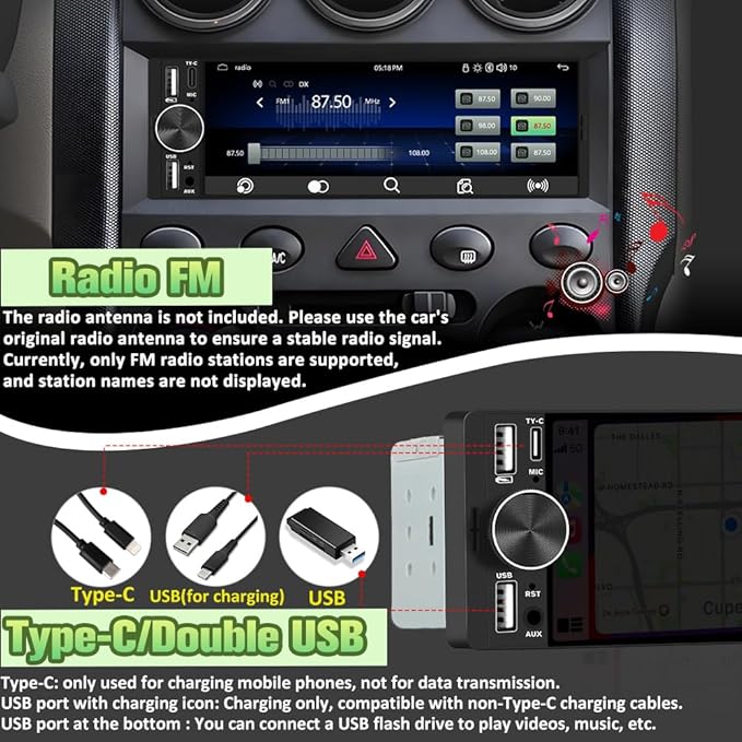 6.36" Single Din Car Stereo with Wireless CarPlay & Android Auto, IPS Touchscreen Head Unit with Backup Camera/External Microphone, Car Radio Supports Bluetooth/SWC/FM/Double USB/Type-C