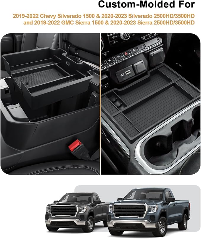 Center Console Organizer Set For 2019-2022 Chevy Silverado 1500/GMC Sierra 1500 & 2020-2023 Silverado/Sierra 2500HD/3500HD Accessories - 2 Pcs Storage Tray Only Fit Full Console w/Bucket Seats(Black)