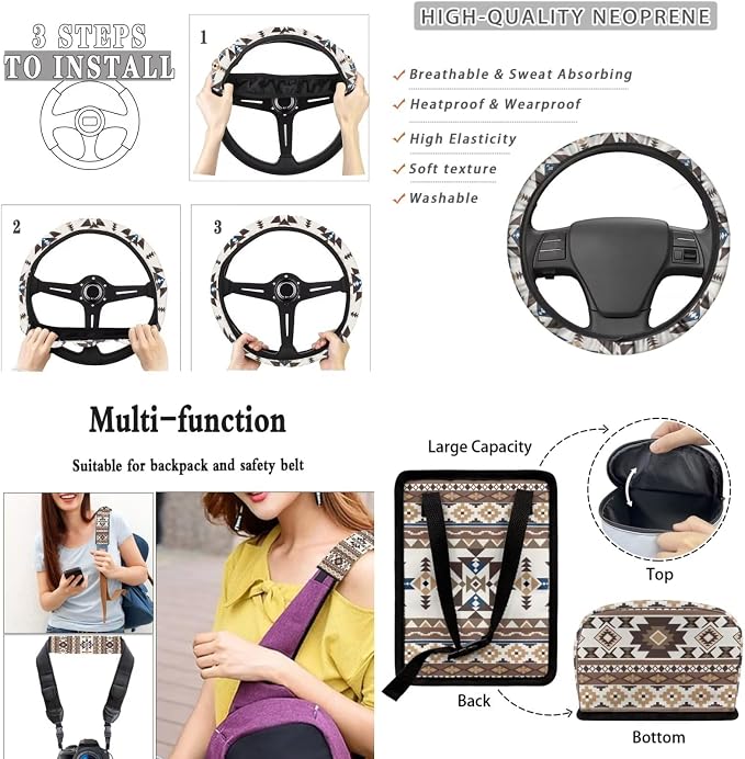 XYZCANDO Tribal Patterns Car Interior Sets 15 PCS Car Seat Cover Set Steering Wheel Cover Storage Box Seat Belt Pads Cover Garbage Bag Rear View Mirror Cover Coasters Keychain Fit Most Cars