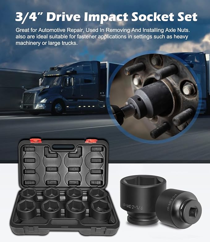 3/4" Drive Spindle Axle Nut Impact Large Socket Set, SAE Standard Sizes 2-1/16 Inch to 2-1/2 Inch, CR-MO Steel, 6-Point, Jumbo Sockets 8PCS for Removing Installing Axle Nuts Socket Heavy Duty