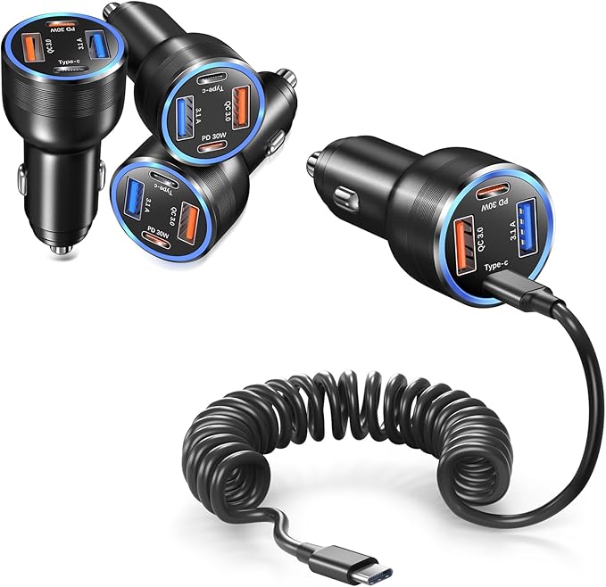 65W 4-Port Dual USB A and USB C Car Charger with 5FT Type C Coiled Cable, QC&PD 30W Fast Charging Cigarette Lighter Car Adapter Compatible for iPhone 15 15 Pro 15 Pro Max 15 Plus