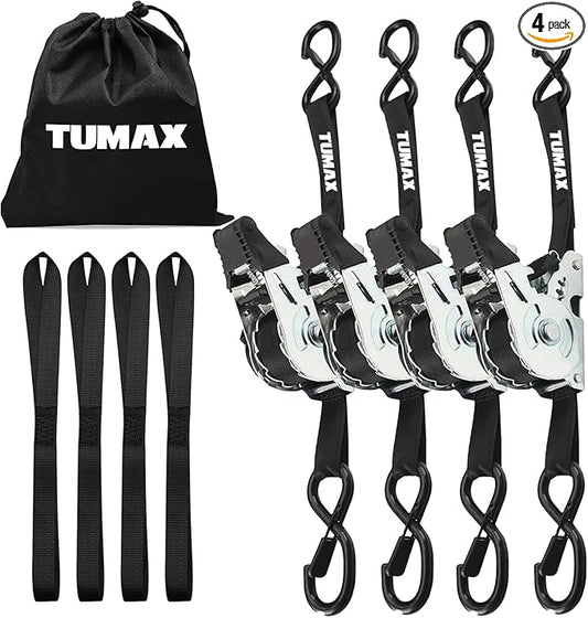 4-Pack Retractable Ratchet Tie Down Straps, 1" x 10ft with Soft Loops & S-Hooks, 1500lbs Break Strength Self-Retracting Cargo Straps for Truck, Trailer, Motorcycle, ATV, Kayak (Black)