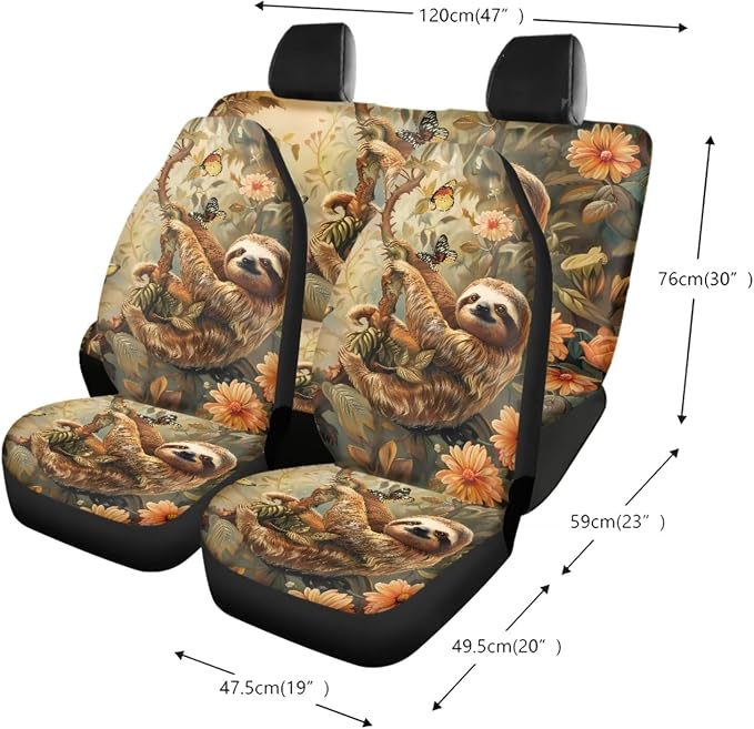 Sloth Butterfly Daisy Print 13 Pieces Car Interior Accessories, Auto Front and Rear Seat Cover Set of 4, 1 Comfort Steering Wheel Cover, 4 Soft Seat Belt Cover, 4 Cup Holder Coasters