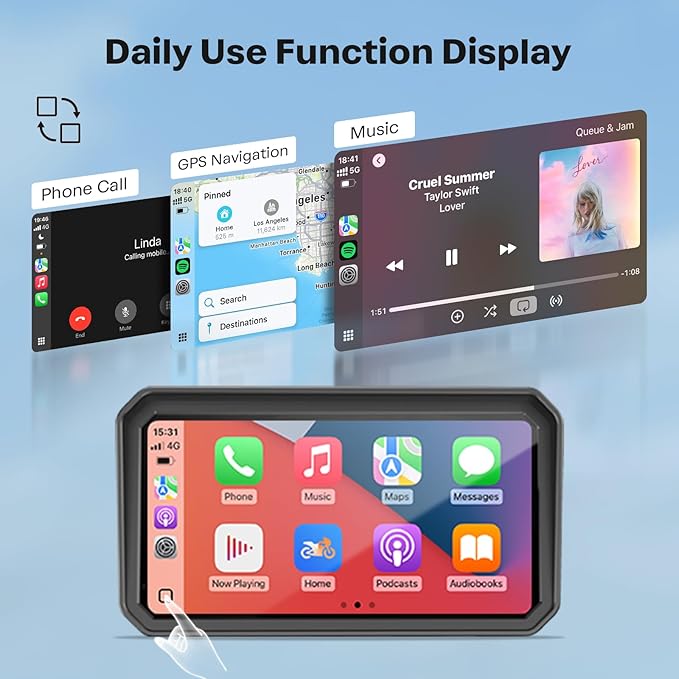 WonVon 6.25 Inch Wireless Motorcycle Carplay GPS Navigation System with Apple Carplay and Android Auto Portable Screen with Dual Bluetooth, Navigation, Siri, Google Assistant with Magnetic Mount