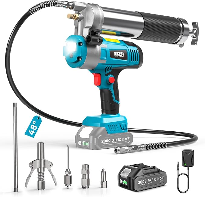 Seesii Electric Grease Gun, 5.8 oz/min Fast Flow Cordless Grease Gun with Auto Lock-On Trigger, 48" Hose, Standard & Quick Release Couplers, Needle Dispenser, Pointed Tip for Tractor & Heavy Equipment | Battery Powered, Auto Faster Greasing, Multi-Coup...