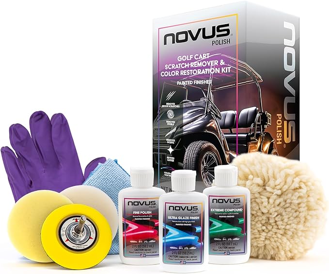 Novus Plastic Polish | Golf Cart Maintenance Kit | Includes Plastic Polish #3#2#1-2 Ounces Each, 2 Buffing Pads, Backing Drill Attachment, 3" Wool Pad, 3 Disposable Wipes