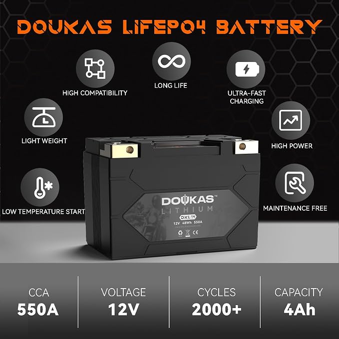 DKL14 YTX14-BS 550A LiFePO4 Motorcycle Lithium Battery, 12V 4Ah Powersports Battery, Compatible Jet Ski, ATV, Lawn Mower, Scooter, Generator Battery, Snowmobile