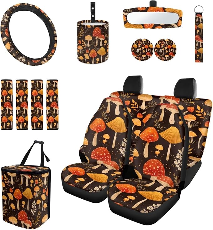 Cute Mushroom 15Pcs Car Seat Cover Full Set Car Steering Wheel Cover Seat Belt Cover Trash Bin Front Rear View Mirror Car Cup Holder Keychain