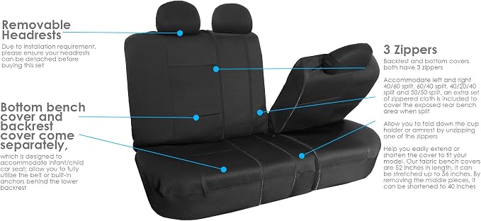 FH Group Neoprene Seat Covers Full Set – Universal Fit for Cars Trucks and SUVs (Black) FB083115 + F11306