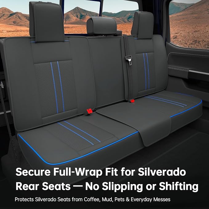 W&PMAX Custom-Fit Blue Seat Covers Full Set for Chevy Silverado & GMC Sierra 2007–2026, Fit 1500/2500/3500HD Crew/Double/Extended Cab, Waterproof Leather Truck Seat Protectors